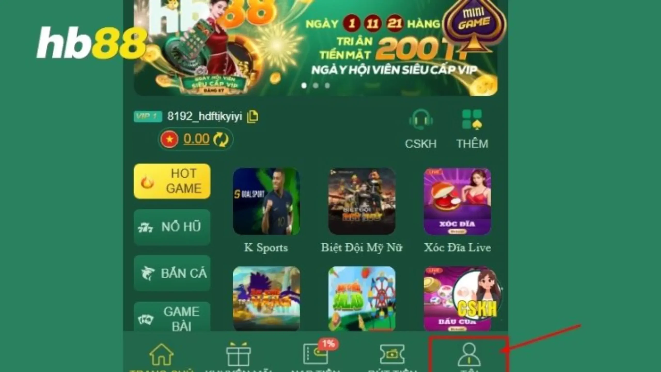 Đăng nhập HB88 và chọn biểu tượng “Tôi”