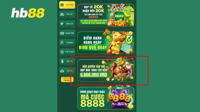Thưởng nạp đến 6666K tại HB88